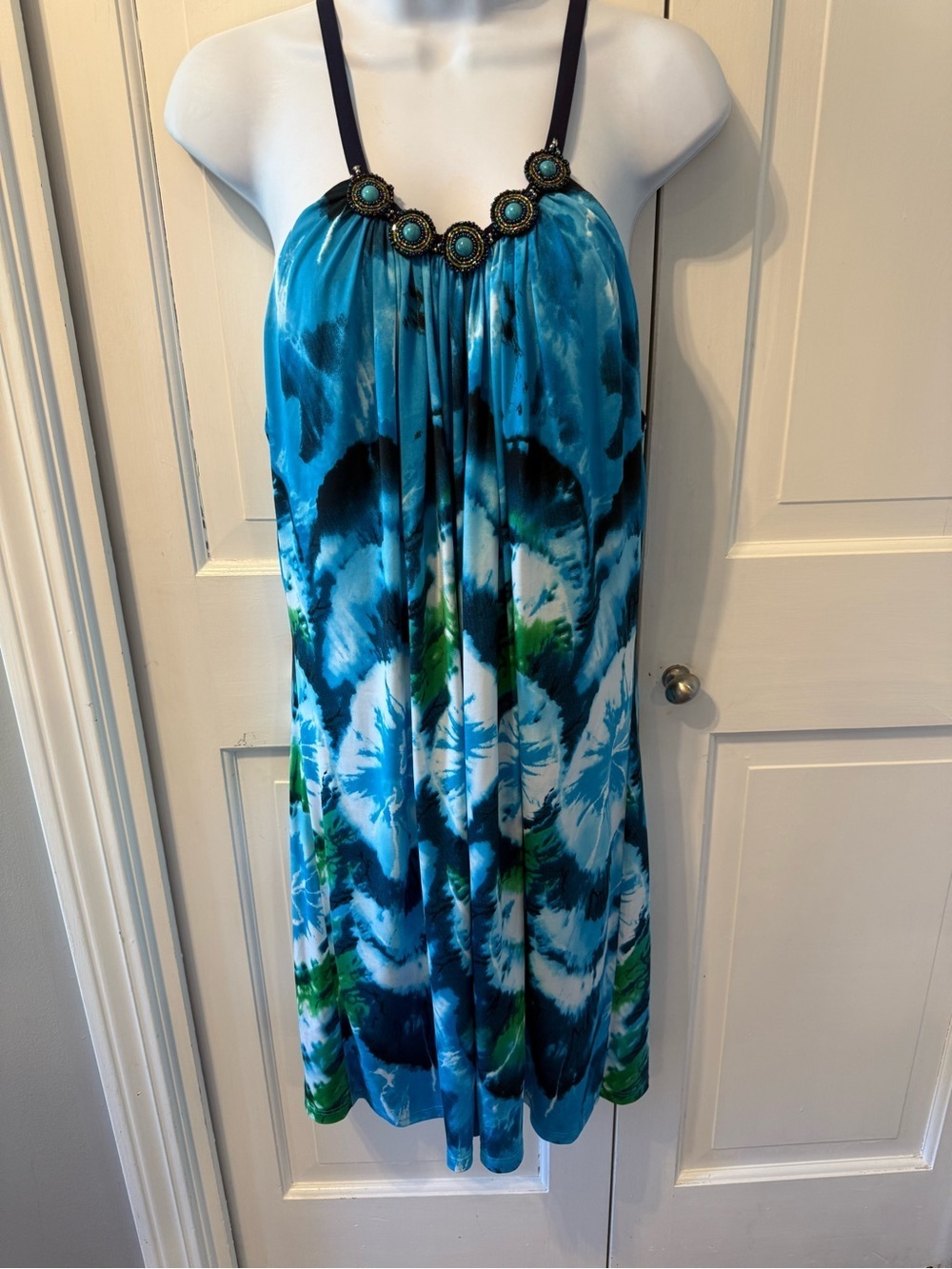 Boston Proper Blue Green Tie-Dye Halter Dress with Beaded Neckline